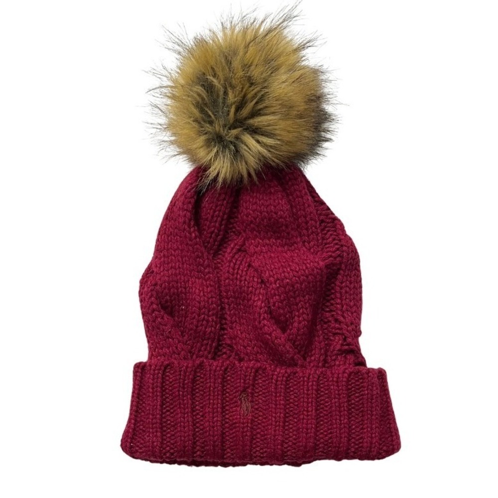 Polo Ralph Lauren Burgundy Cable Knit Beanie Hat Faux Fur Pom One Size Wool Blnd